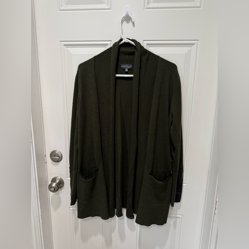 Olive green Open-Front Shawl Collar Cardigan Jacket with leatherish accents